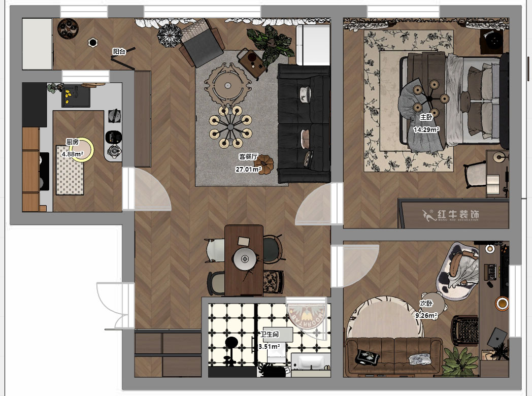 朱明琪｜朗诗国际街区(中园)6-401-100㎡-中古风｜2室2厅1卫｜老房装修｜定制家｜全包10万｜00_03平面彩图